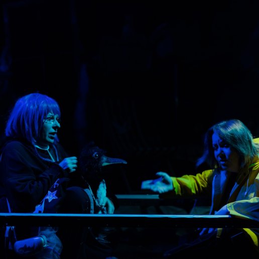 Dwie aktorki siedzą naprzeciwko, na scenie panuje półmrok. Aktorka trzyma lalkę pingwina. Druga ma założona jaskrawożółtą kurtkę przeciwdeszczową z kapturem.