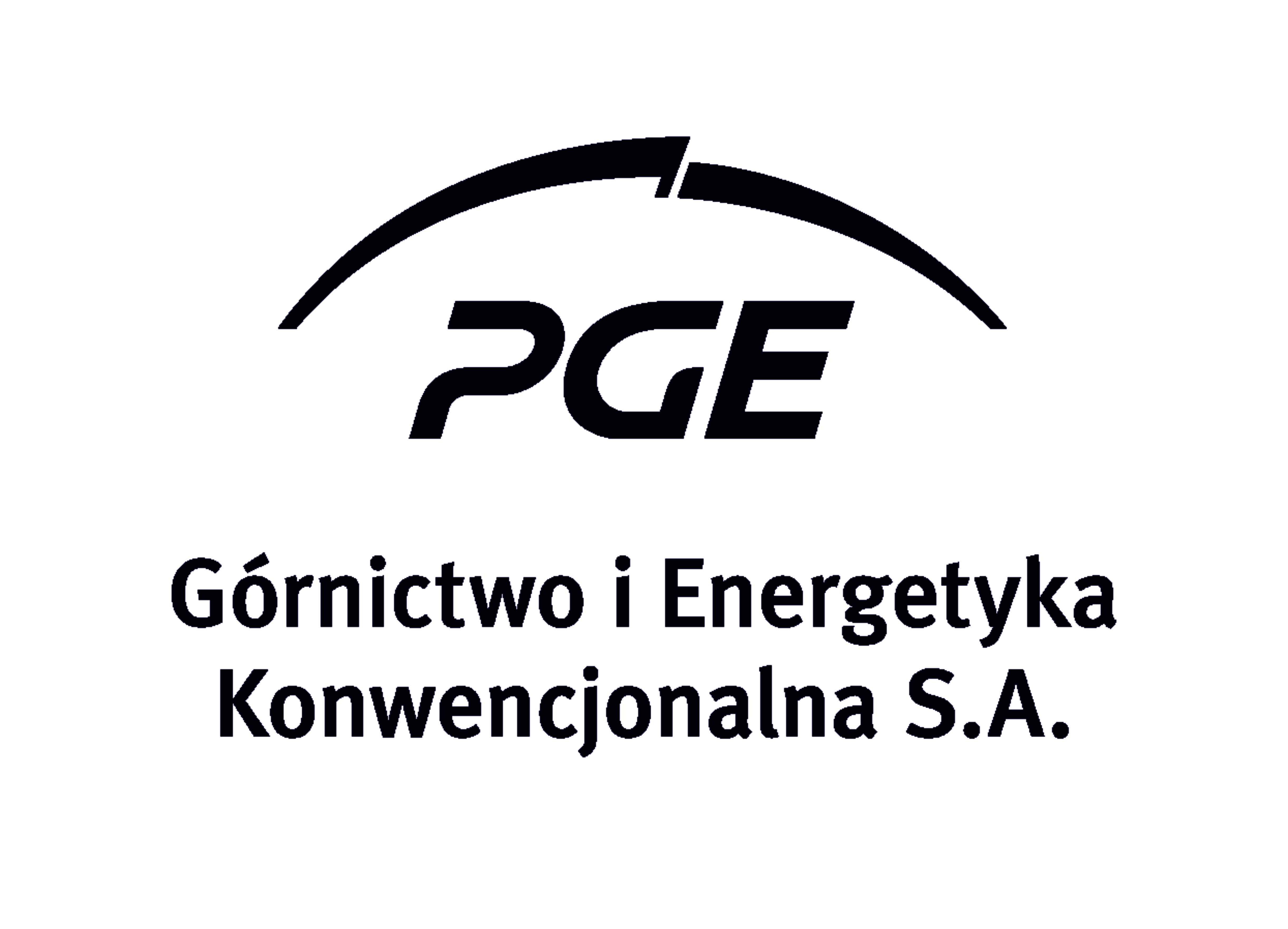 logotyp PGE, znak graficzny dwa łuki, napis PGE Górnictwo i Energetyka Konwencjonalna SA