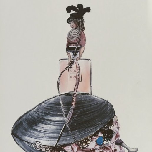 Projekt scenograficzny - kolorowy rysunek małży z perłami, koralikami
